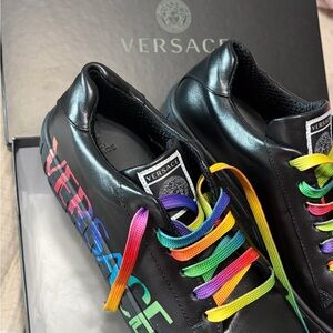 Versace Black Leather Sneakers with Multicolor Rainbow Laces